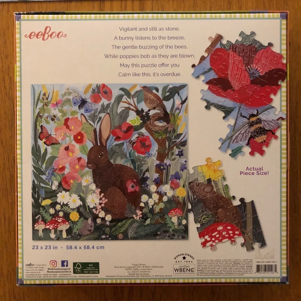 Eeboo Poppy Bunny 1000 Piece Floral Rabbit Jigsaw Puzzle Spring Illustration - Picture 2 of 4